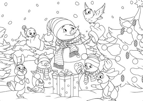 Christmas trees, bunnies and birds - Christmas Kids Coloring Pages