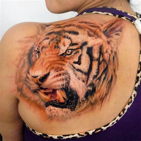 Tattoos Designs, Pictures And Ideas: Beautiful Tiger Head Tattoo On Back Shoulder