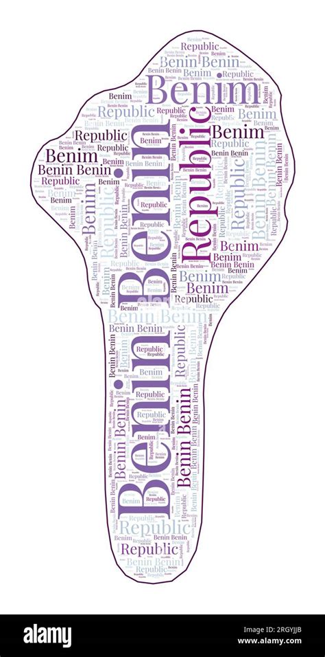 Benin shape filled with country name in many languages. Benin map in wordcloud style. Charming ...