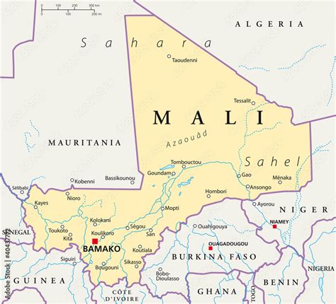 Fototapeta kuchenna Mali political map with the capital Bamako, national borders, most important ...