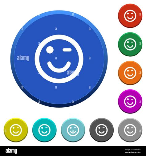 Winking emoticon round color beveled buttons with smooth surfaces and flat white icons Stock ...