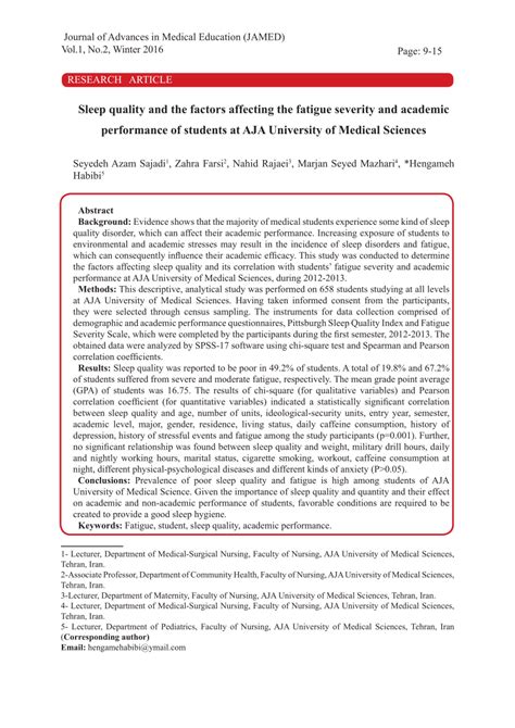 (PDF) Sleep quality and the factors affecting the fatigue severity and academic performance of ...