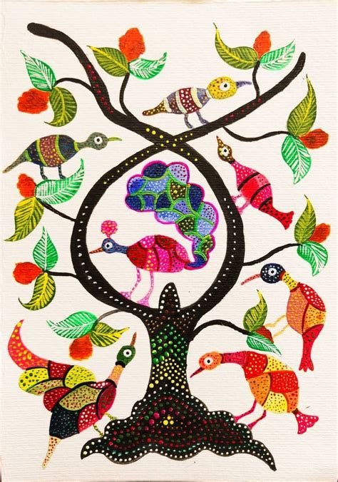 Bhil art - Colorful birds on Tree Painting by Saroj Shinde | Saatchi Art | Indian folk art, Folk ...