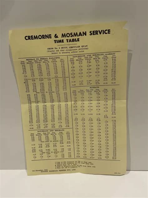 SYDNEY HARBOUR FERRIES Zoo Ferry Timetable Cremorne & Mosman Service ...