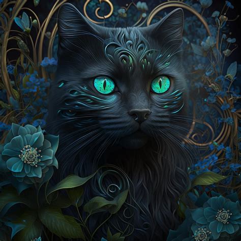 Premium AI Image | Black cat with green eyes in forest