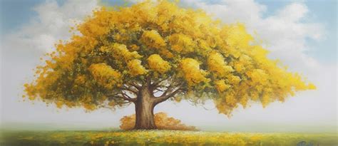 Premium AI Image | A painting of a tree with a yellow tree in the foreground.