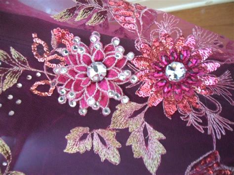 Embroidered 3D Applique Fabric Fuchsia Sequin Rhinestone Floral Design