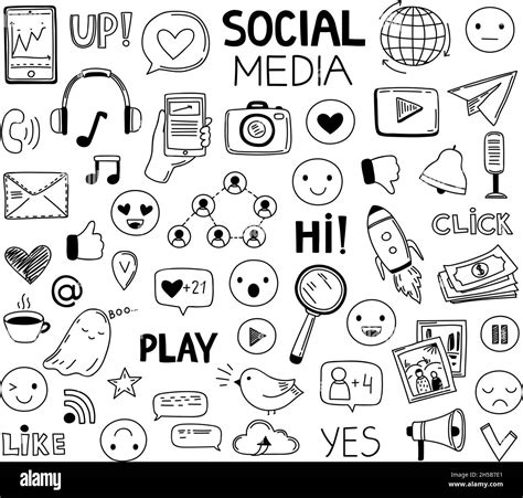 Doodle social media icons. Drawing symbols, website sketch art. Network ...