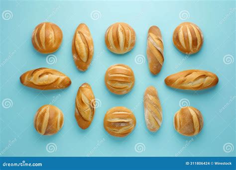 Some Loaves Bread on Blue Background on the Table Top View Stock Photo ...