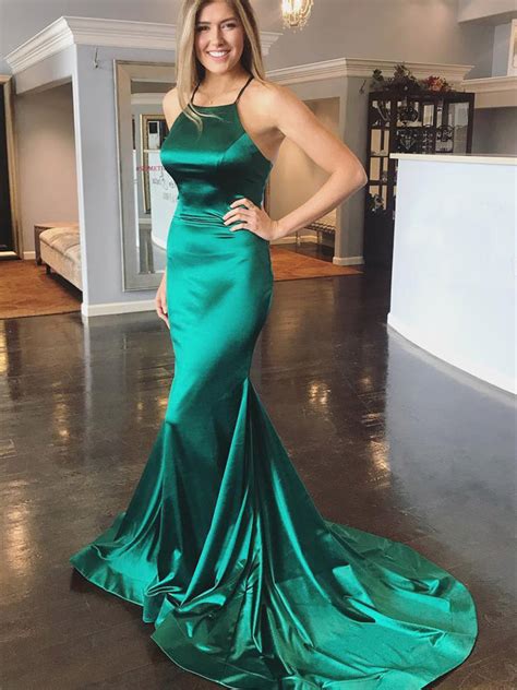 Elegant Green Mermaid Backless Satin Long Prom Dresses with Sweep Trai – abcprom