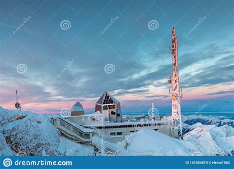 Building on Zugspitze Mountain Summit Stock Image - Image of pole, sunrise: 141054879