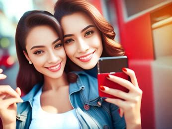 Two young women taking a picture with their cell phones Image & Design ...