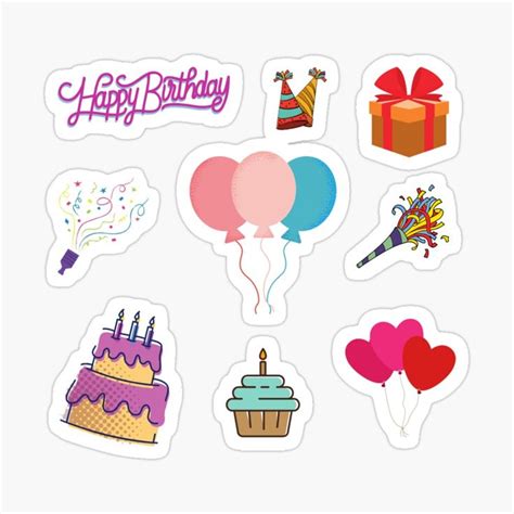 happy birthday stickers with balloons and gifts