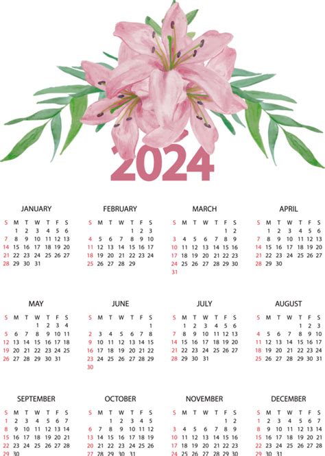 New Year calendar Font Flower for Printable 2024 Calendar for New Year ...