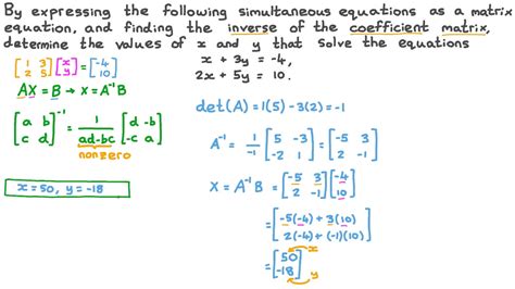 Question Video: Solving a System of Linear Equations Using an Inverse Matrix | Nagwa