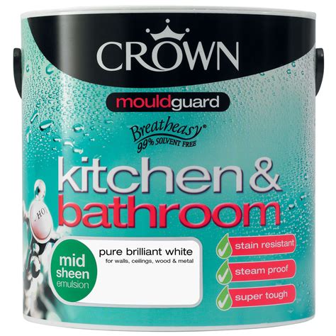 Crown Kitchen & bathroom Pure brilliant white Satin Emulsion paint 2.5L ...