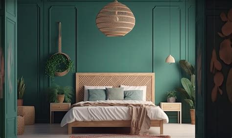 Premium AI Image | Layout of the bedroom interior in boho style with green plants on the ...