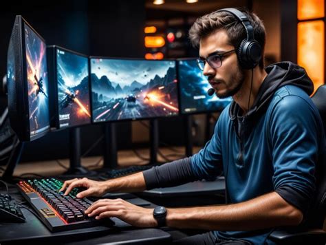 Premium AI Image | Intense guy gamer engrossed in a video game at a multimonitor setup under ...