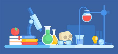 Science banner. Chemical laboratory, skull, books, apple, glasses ...