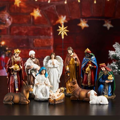 TOETOL Hand Painted Resin Nativity Set, Indoor Christmas Decorations, Holy Family Decor, 13 ...