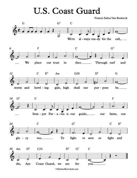 Free Lead Sheet – U.S. Coast Guard Piano Sheet Music Letters, Saxophone ...