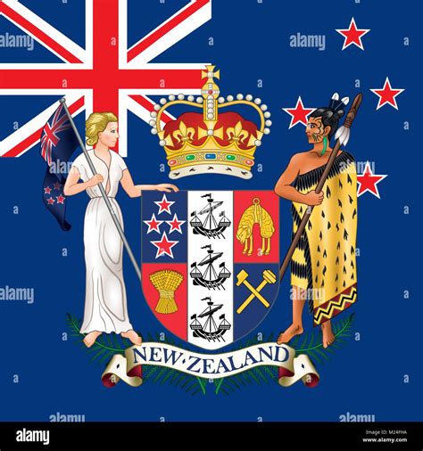 New Zealand coat of arms and flag, official symbols of the nation Stock ...