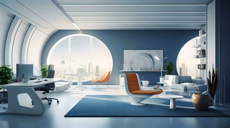 Modern futuristic interior office design with warm tones of blue. Futuristic conference room ...