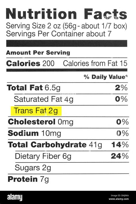 Nutrition label highlighting the unhealthy trans fats Stock Photo: 62482990 - Alamy