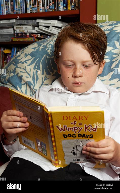 Schoolboy at home reading Diary of a Wimpy Kid Dog Days Stock Photo - Alamy