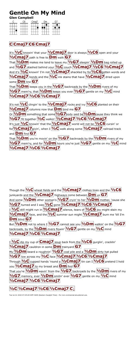 Gentle On My Mind (Glen Campbell) | Guitar chords and lyrics, Lyrics ...