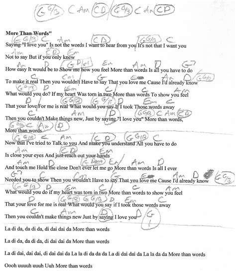 More Than Words (Extreme) Guitar Chord Chart with Lyrics - http://www ...