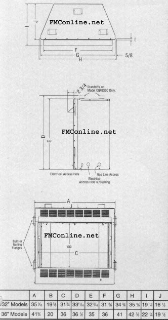 Comfort Glow CGFP32C, CGFB32CA Firebox dimensions @ FMConline