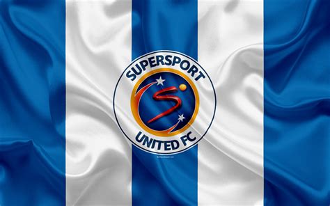 Download wallpapers SuperSport United FC, 4k, logo, blue white silk flag, South African football ...