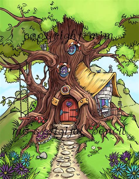 Cottage Treehouse | Tree house drawing, Whimsical art, Tree drawing