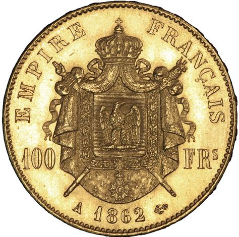 100 Francs Napoleon III Gold Coin Laurel Design Dated - 1862-1869 Gold Coin, 1855-1869 ...