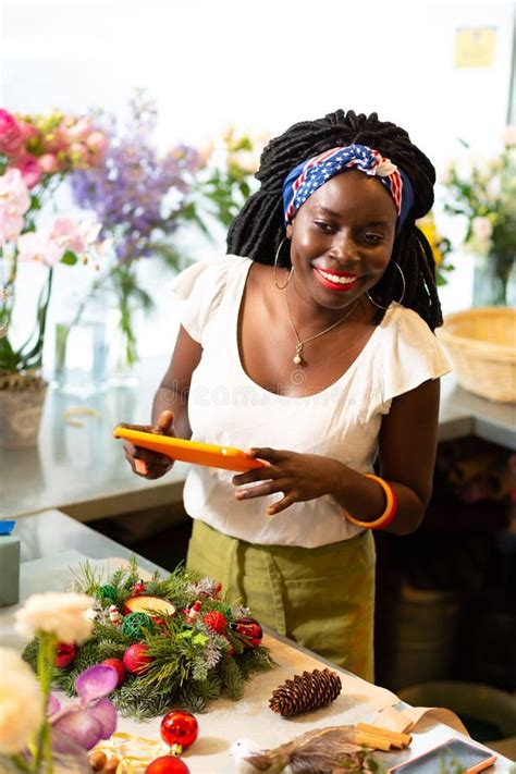 Positive Delighted Female Person Taking Photo on Tablet Stock Image - Image of dreadlocks ...