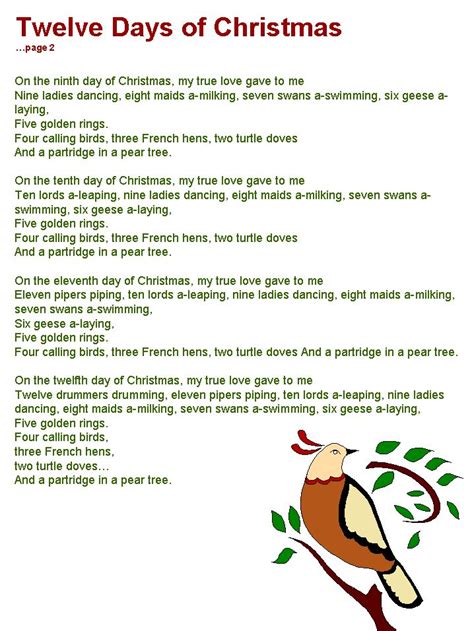 Lyrics For The Twelve Days Of Christmas Printable The 12 Days Of ...