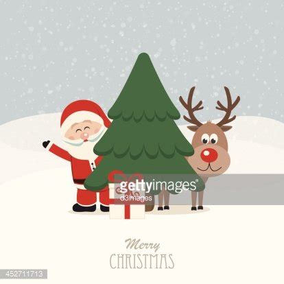 Santa And Reindeer Behind Christmas Tree Snowy Background Stock Clipart ...