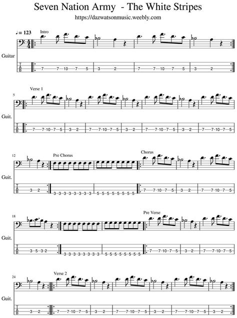 The White Stipes Seven Nation Army Bass Guitar Tab 1of 2 | Bass guitar ...