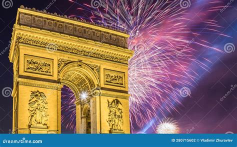 Celebratory Colorful Fireworks Over the Arc De Triomphe, Paris, France ...