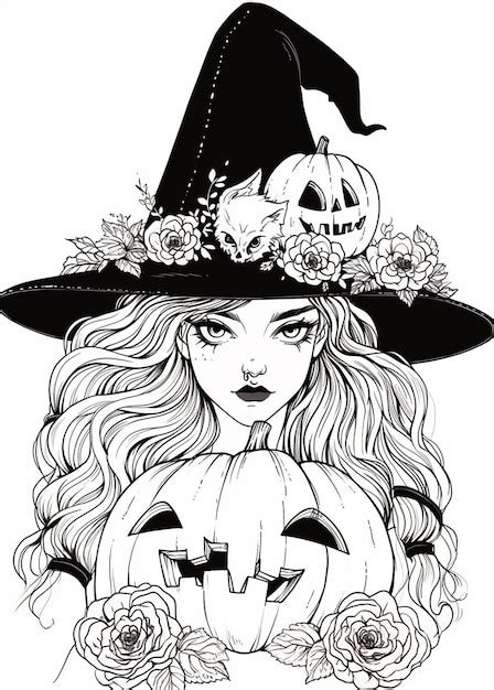 Premium Photo | A black and white drawing of a witch with a pumpkin ...