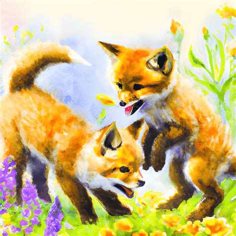 Fox Pups Playing in Flowers · Creative Fabrica