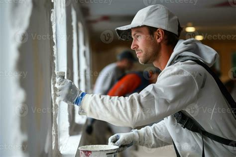 Workers applying joint compound and tape to seams and corners of ...