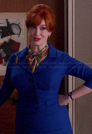 Joan’s cobalt blue skirt suit and multi-colored scarf on Mad Men ...