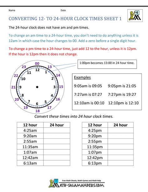 24 Hour Clock Conversion Worksheets