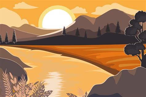 Premium Vector | Beautiful landscape colorful nature scene flat design ...