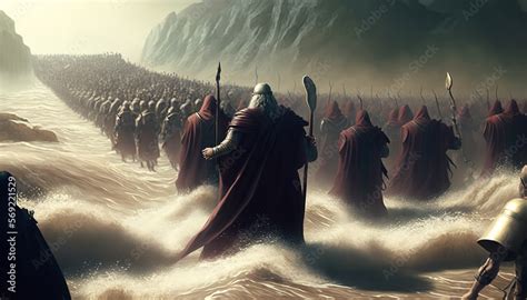 Bible's Exodus, Moses leading the Israelites over the Red Sea to escape the Egyptians ...