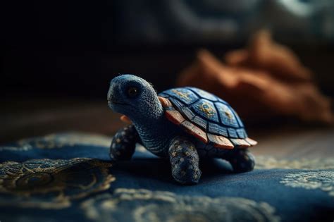 Premium AI Image | A turtle on a bed with a blue and white pattern.