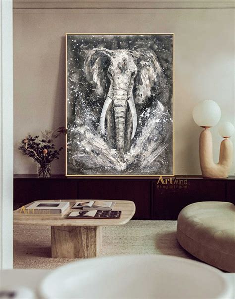 Big Grey Elephant Painting Gray And White Canvas Art Large | Etsy