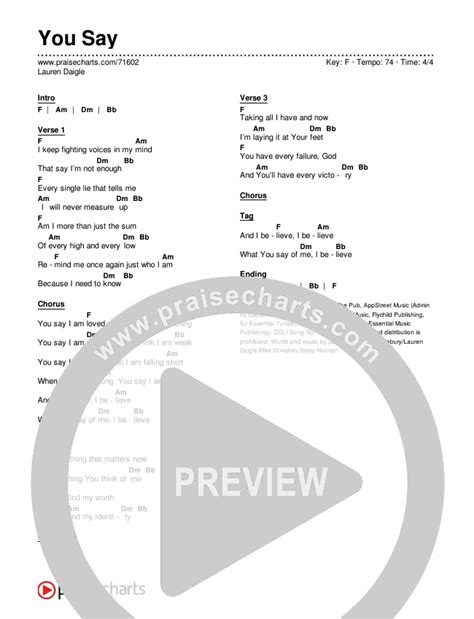 You Say Chords PDF (Lauren Daigle) - PraiseCharts